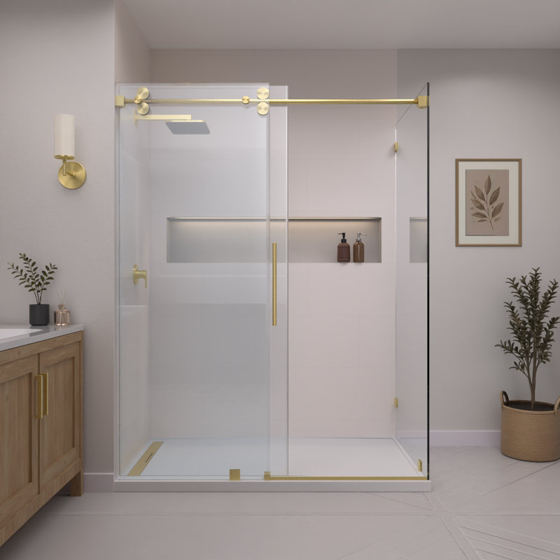 RadianceRP 45-48 In. W X 36 In. D X 76 In. H Sliding Frameless Corner Shower Enclosure With Clear Glass, Brushed Gold