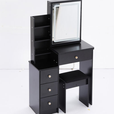 Petit meuble-lavabo avec siège rembourré et miroir à DEL tactile, 3 choix de couleurs réglables, noir