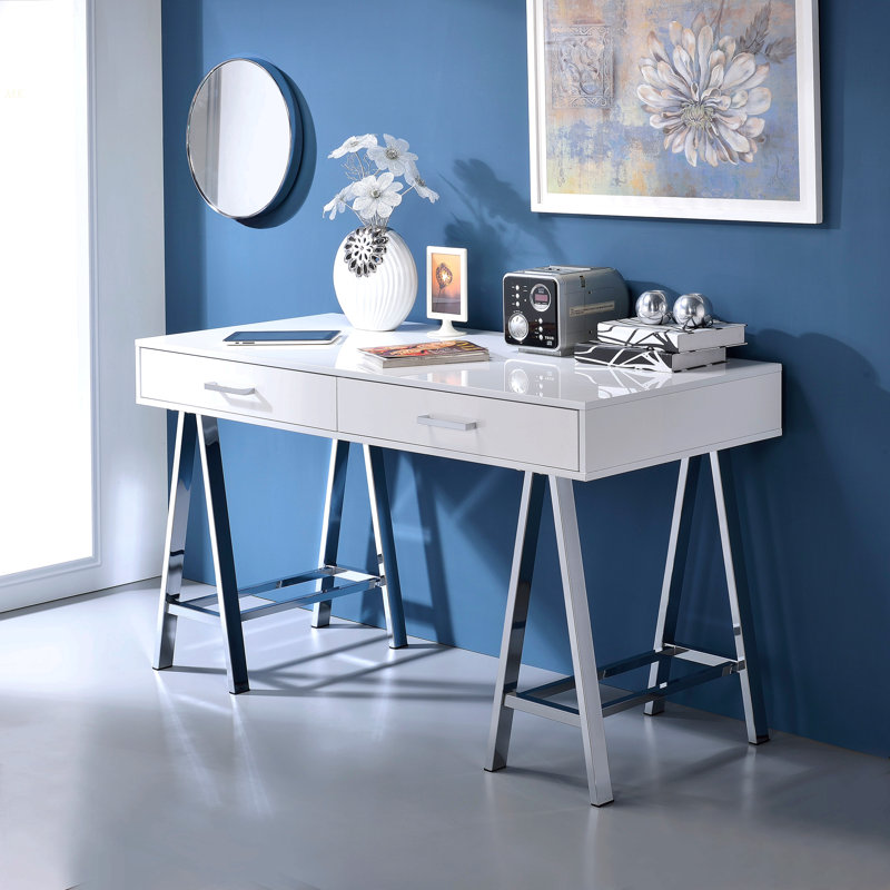 White High Gloss And Chrome Writing Desk With USB Port, White