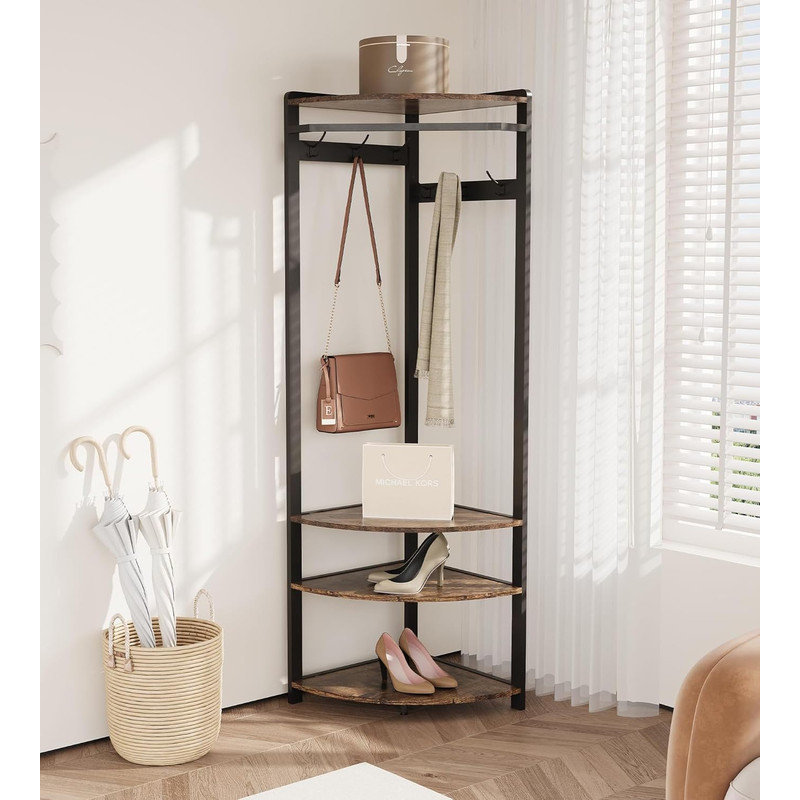 Corner Hall Tree with Shoe Bench & 6 Double Hooks, Space‑Saving Entryway Coat Rack with Storage Organizer