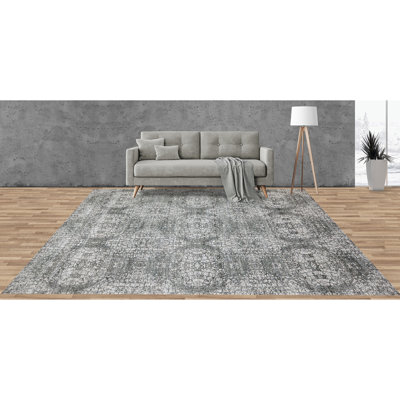 Tapis rectangulaire gris / blanc en laine / viscose noué à la main