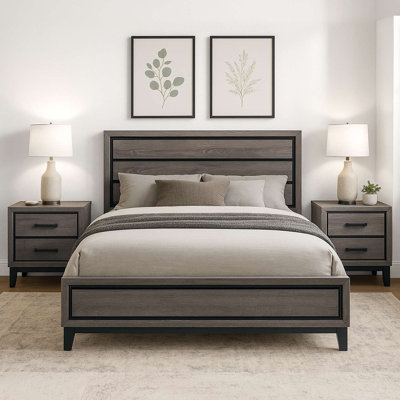 3-Piece Bedroom Furniture Set with Bed and 2 Nightstands – Modern Wood Design, Solid Wood & MDF Construction, Contemporary Style by Ebern Designs