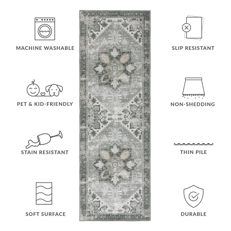 DeBary Oriental Dark Sage/Ivory Area Rug, Runner 2'6" x 18'
