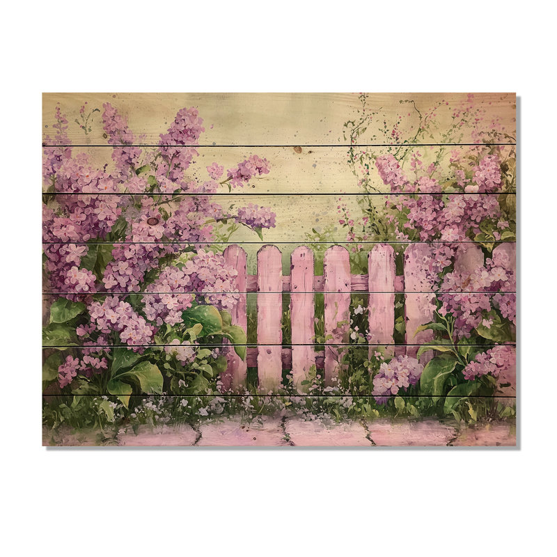 Lilas dans la campagne française III - lilas, impression sur bois rose sur bois de pin naturel, H 30 po x l 40 po