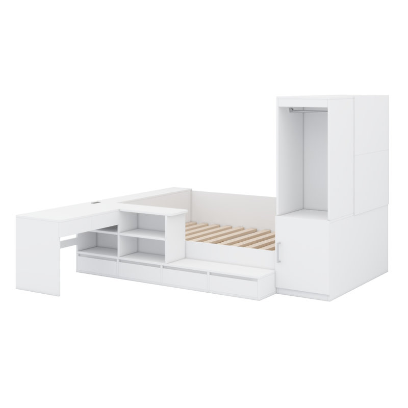 Wooden Platform Bed With Drawers, Shelves, Desk And Wardrobe, White