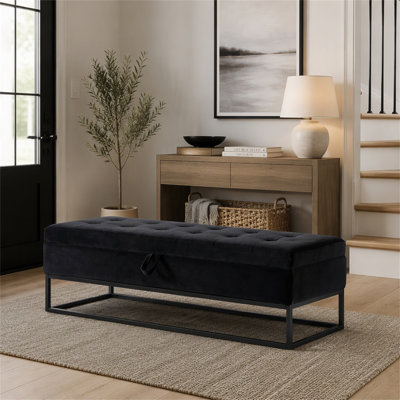 Banc de lit de 149 cm avec base en métal et rangement, velours noir