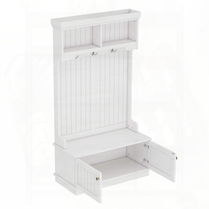 Hall Tree with Storage Shoe Bench and Display Shelves (White), White