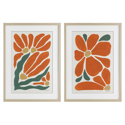 Midcentury Flower Abstracts 2pc Framed Print Under Glass Set, design by Yvette St. Amant