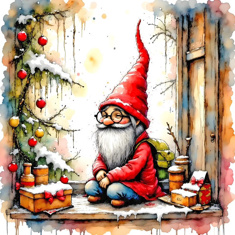 «The Cozy Christmas Gnome», impression d'art fantaisiste des Fêtes, H 30 po x l 30 po