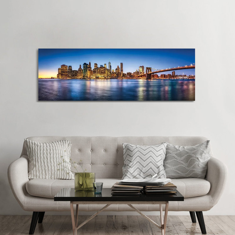 Manhattan Skyline Panorama With Brooklyn Bridge by Jan Becke - Wrapped Canvas Panoramic Print, 182.88 cm H x 60.96 cm W