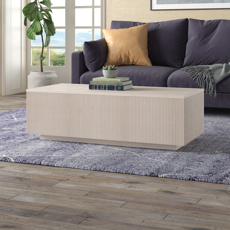 Reyes 48" Fluted Coffee Table with Low Profile Solid Base in Alder White| Mid-Century Modern Center Table for Living Room