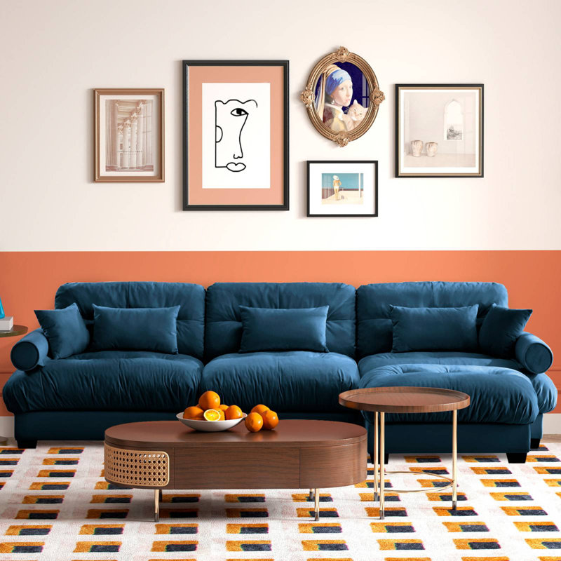 Canapé modulaire en velours de 130 po en L avec repose-pieds, Velours bleu