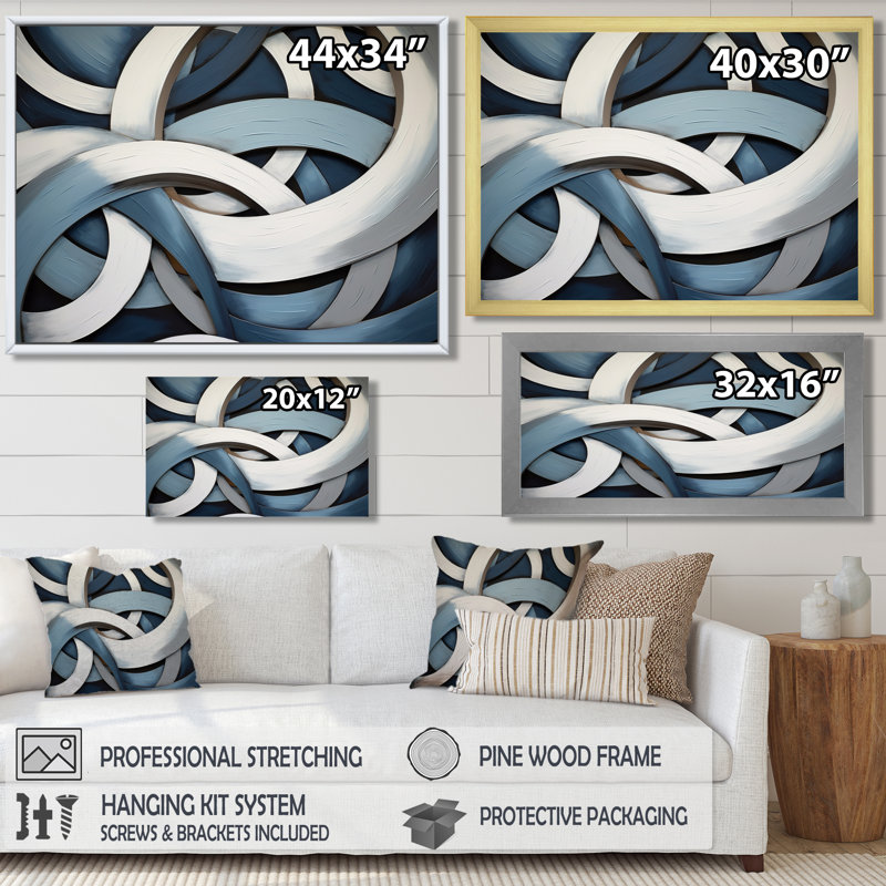 Bleu et blanc tourbillons d'anneaux I - art mural abstrait, salon, H 30 po x l 40 po x P 1,5 po, Toile tendue