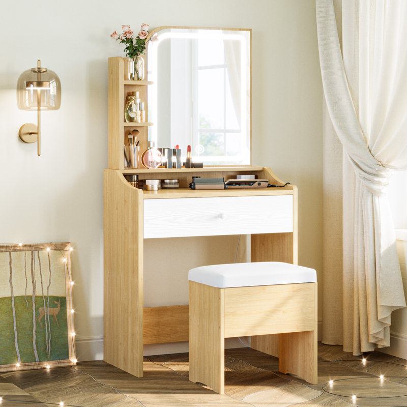 Small Vanity Table Set With Lights & Mirror, Storage Drawer, 3 Shelves And Chair - Wooden Makeup Desk