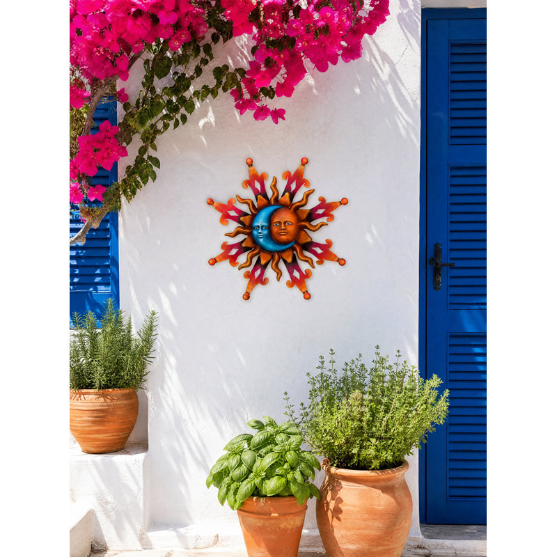 Décoration murale d'extérieur en métal 13 pouces avec finition multicolore résistante aux intempéries pour l'intérieur et l'extérieur - Soleil et lune