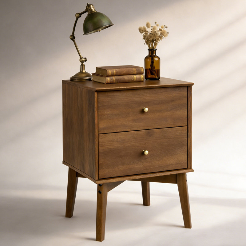Mid-Century Modern 2-Drawer Nightstand With Tapered Legs, Dark Walnut