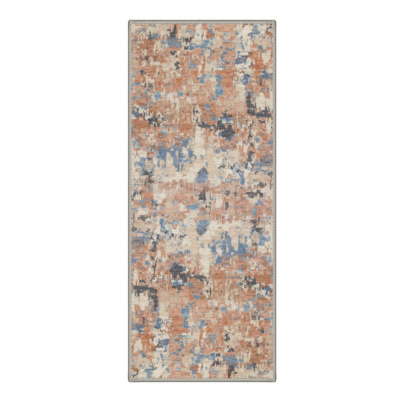 Aura Abstract Machine Washable Blue / Beige / Brown Indoor Area Rug with Non-Slip Backing, Terracotta, Runner 2' x 6'