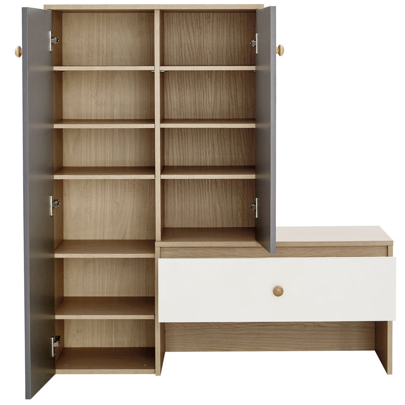 Rangement à chaussures pour 12 paires avec banc, armoires à chaussures H 43,25 po, étagère à chaussures avec 6 tablettes réglables, pour placard de vestibule, blanc et gris, armoire