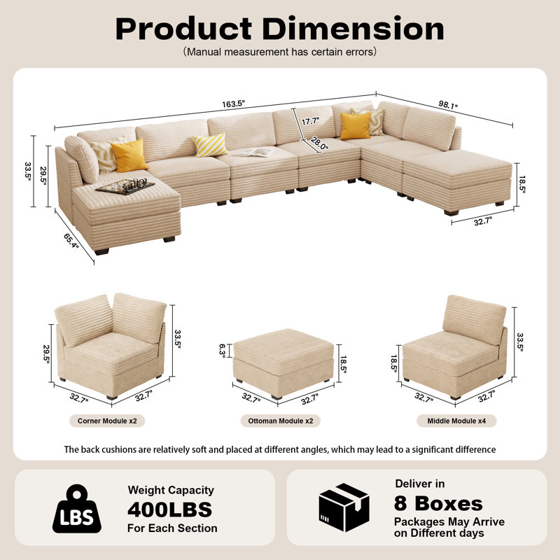 Grand canapé modulaire en forme de L avec repose-pieds, velours côtelé avec coussins à ressorts, avec une capacité de 8 sièges, coussins de salon confortables