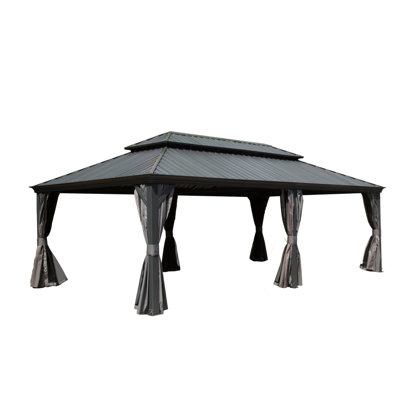 Outdoor Gazebo 14X22ft, Grey - Aluminum Frame, Galvanized Steel Roof, Built-In Gutter, Curtain And Netting For Patio Garden 14X22ft Metal Top,