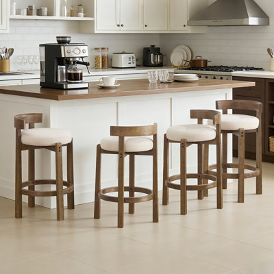 Tabourets de bar Mid-Century beiges - tabourets à hauteur de comptoir à dossier bas avec structure en bois, tabourets de bar de cuisine rembourrés pour comptoir, élégants et confortables