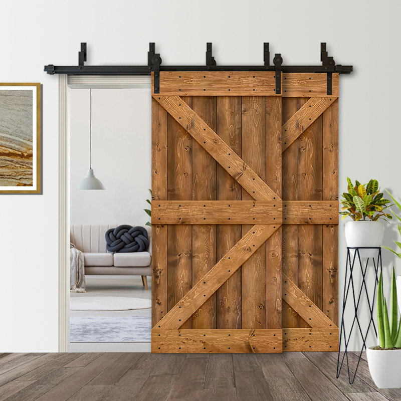 Porte de grange à panneaux et en bois avec quincaillerie d'installation, 52 po x 84 po, Noyer