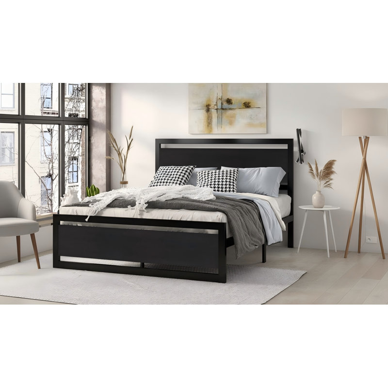 Queen Size Bed Frame With Modern Headboard, Heavy Duty Platform Metal Base, Square Footboard, 13 Sturdy Slats, No Box Spring Needed, Black