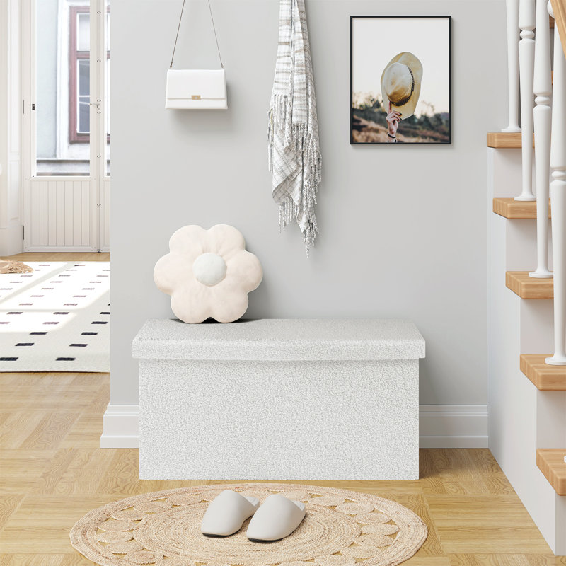 Mechel Polyester Upholstered Storage Bench, White Polyester
