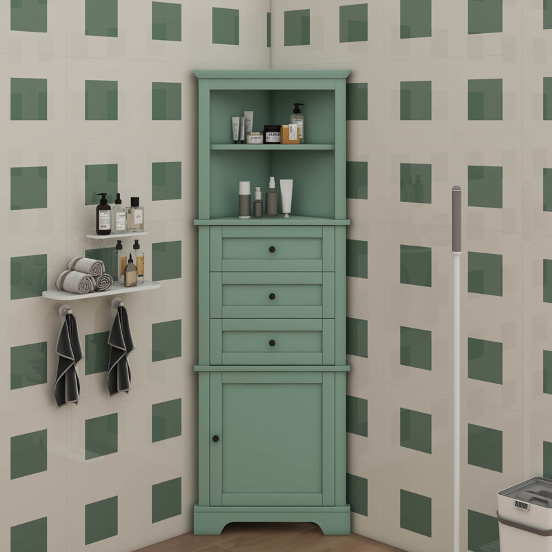 Armoire de coin triangulaire avec trois tiroirs et tablettes réglables, Vert