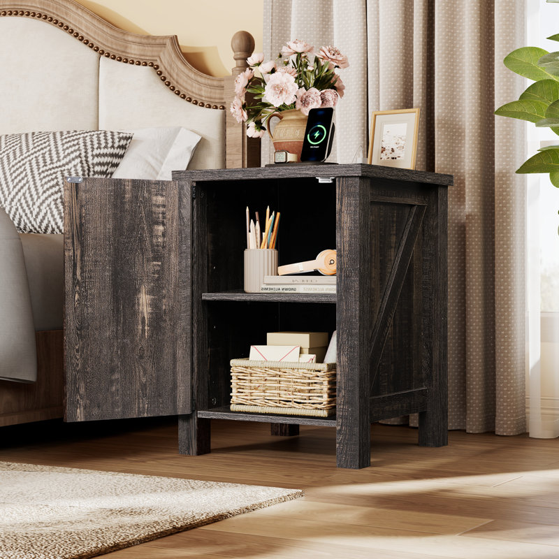 Adaija 24" Tall Charging Nightstand with Power Outlets & USB, Farmhouse End Table with Barn Door and 3-Level Shelf Storage, Rustic Bedside Table for Bedroom and Living Room