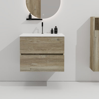 Meuble-lavabo mural 24 po en chêne brut avec lavabo intégré en céramique, grand rangement flottant pour salle de bain moderne, coulisses silencieuses et silencieuses, 20% plus de rangement, poignée élégante, planches E1
