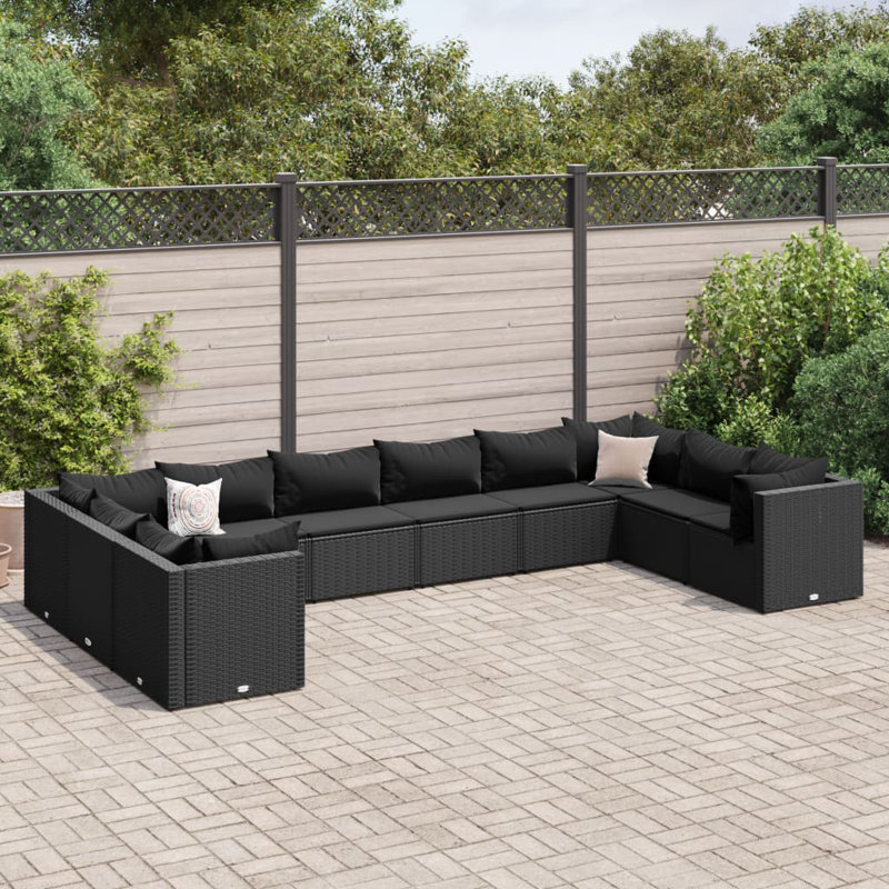 Ensemble de patio en rotin PE noir, polyester, mousse, fibre de coton, Noir, Noir