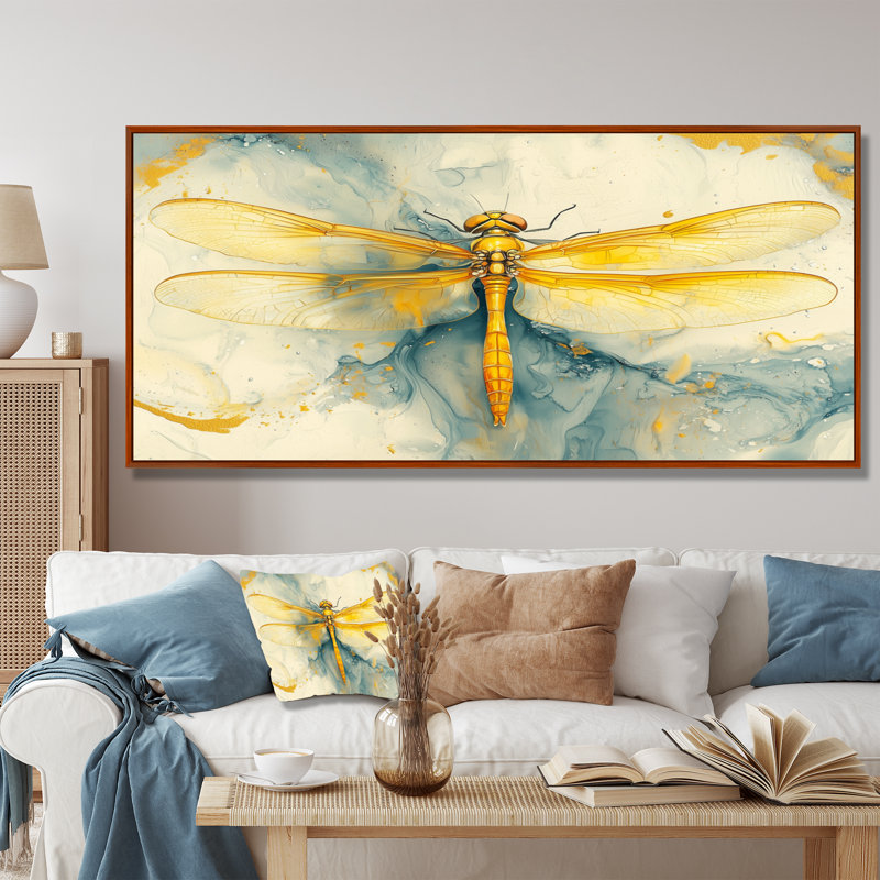Mouche libellule jaune, vol d'élégance - Libellule, art mural, H 28 po x l 60 po, Cadre flottant, Brun