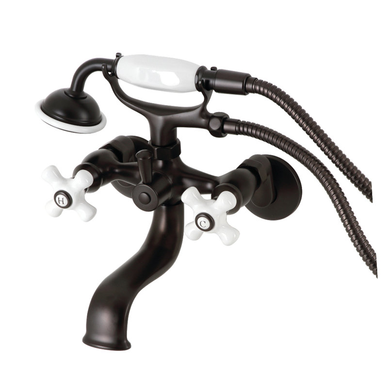 Kingston Brass Kingston Three-Handle 2-Hole Tub Wall Mount Clawfoot Tub Faucet with Hand Shower, Oil Rubbed Bronze