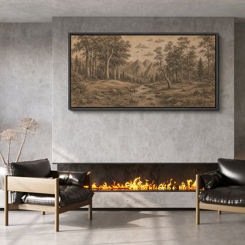 «Sepia Forest Mountain Stream», reproduction d'art sur toile encadrée, 30" H x 60" W x 1.5" D, Black