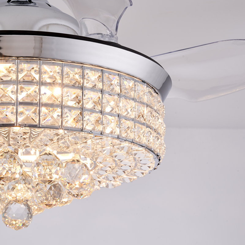 Blade LED Crystal Ceiling Fan Chandelier with Remote Control, 17.7" H x 42" W  x 42" D