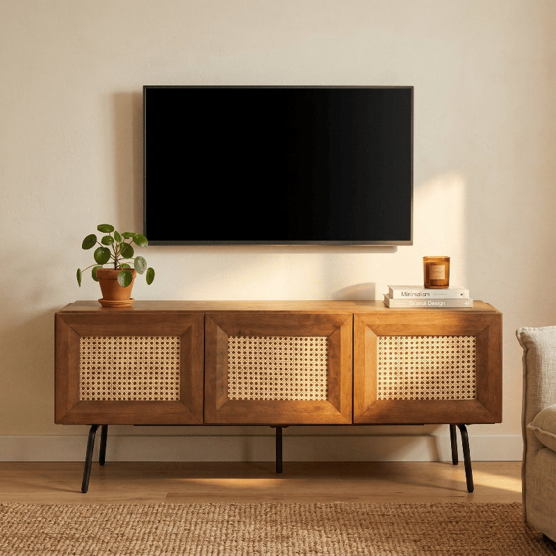  NTC Mossic TV Media Cabinet, Entertainment Center with Natural Rattan, Metal Legs, Modern Storage Console for Living Room and Bedroom, Effortless Assembly