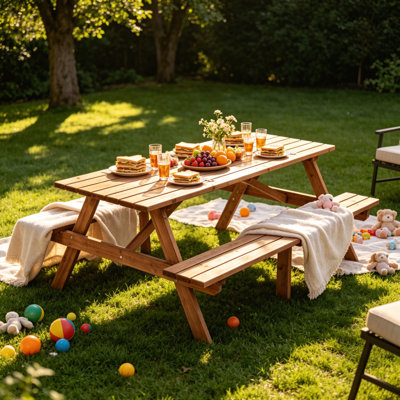 8-Person Brown Solid Wood Outdoor Picnic Table with Attached Built-in Benches, Heavy Duty 2220 Pound Weight Capacity Dining Table for Backyard, Garden and Camping Use
