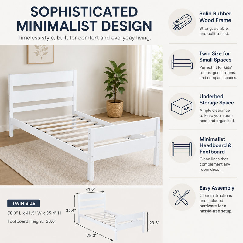 Lit plateforme simple en bois massif, White
