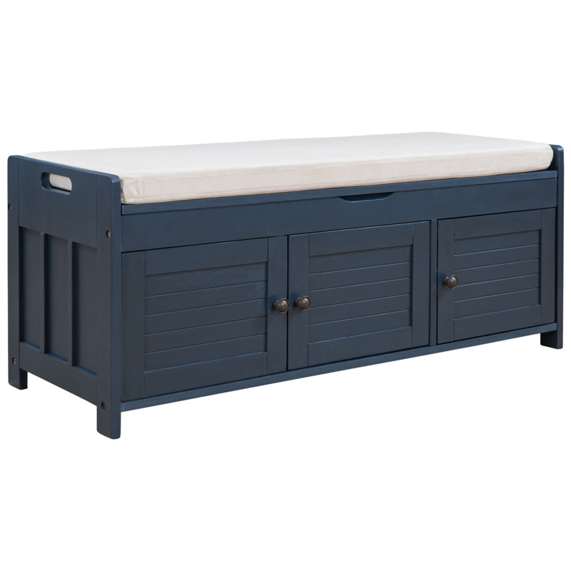 Banc de rangement avec 3 portes en forme de volet, banc à chaussures avec coussin amovible et espace de rangement caché