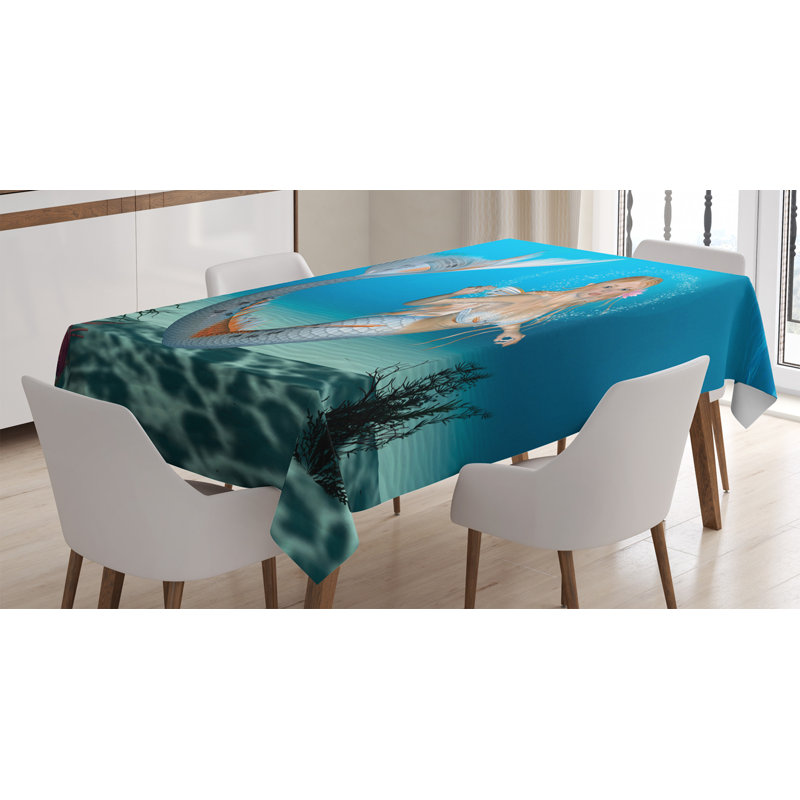 Ambesonne Mermaid Tablecloth, Graphic Of A Mermaid In Tropical Ocean Fairytale Creature, Rectangular Table Cover For Dining Room Kitchen Decor, 52" X 70", Sea Blue Navy