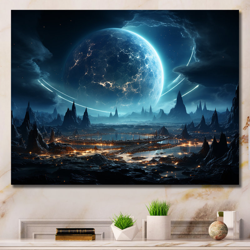 Toile blanche et bleue avec espace cosmique III - Planètes, art sur toile, Toile tendue, H 12 po x l 20 po x P 1 po