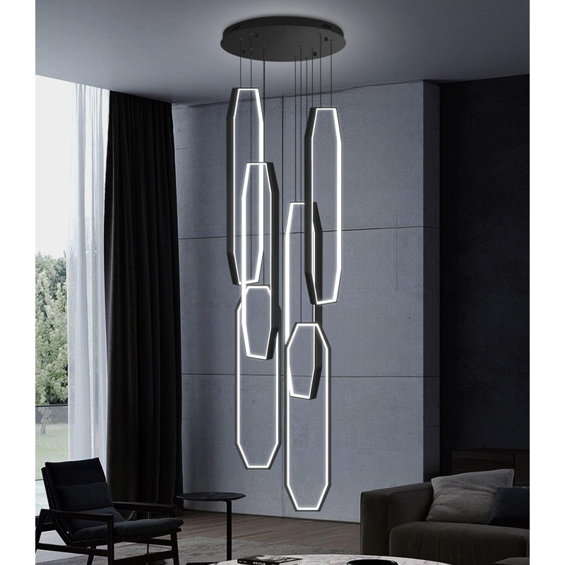 6-rings Modern Dimmable Led Chandelier, Matte Black, 118" H x 19.7" W x 19.7" D