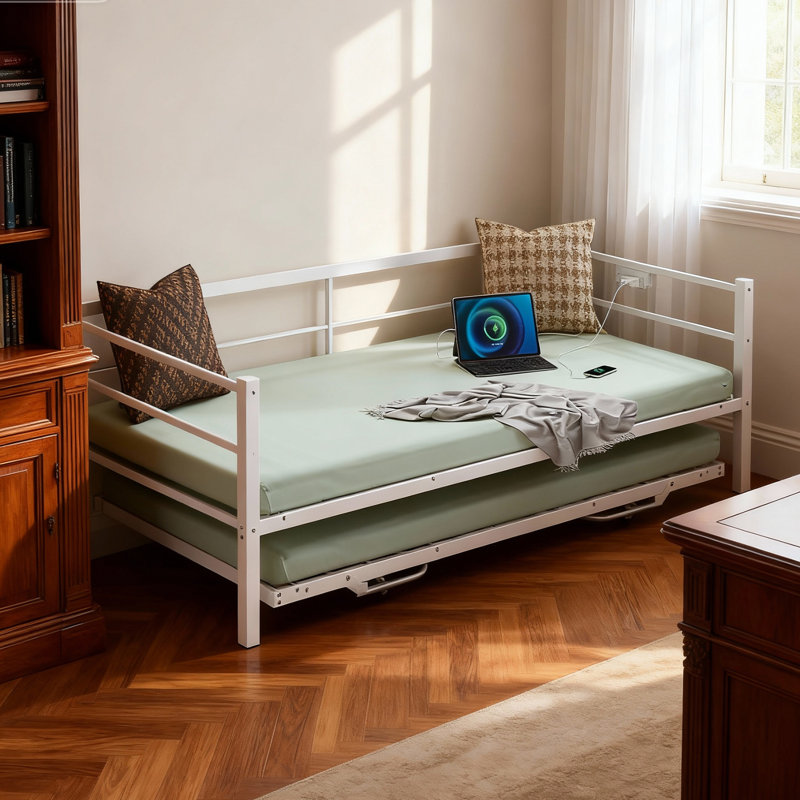 Daybed With Charging Station And LED Lights,Heavy Duty Metal Day Daybed With Pop Up Trundle, No Box Spring Needed,Black, Twin