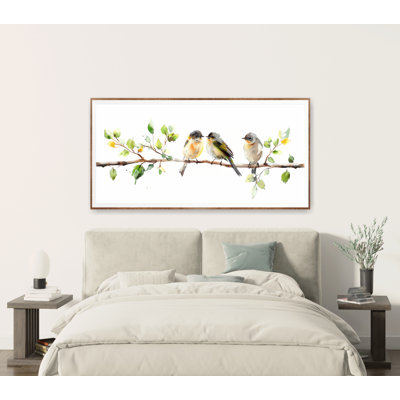 Watercolor birds sitting on a branch, extra large wall decor, panoramic print