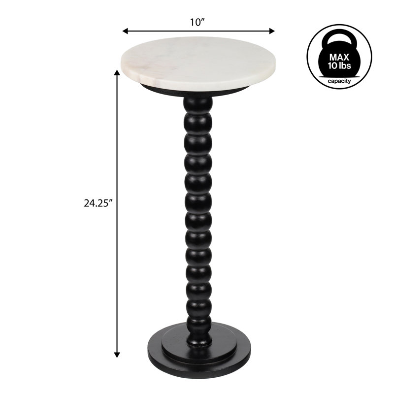 Monroe 24.25" Farmhouse Wood Drink Table, Glossy White Marble Round Top & Black Bobbin Spool Pedestal Base, Decorative Accent End Table