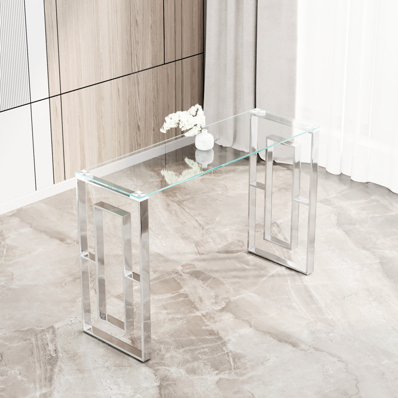 Console en acier inoxydable avec surface en verre transparent - Design moderne et élégant pour le salon