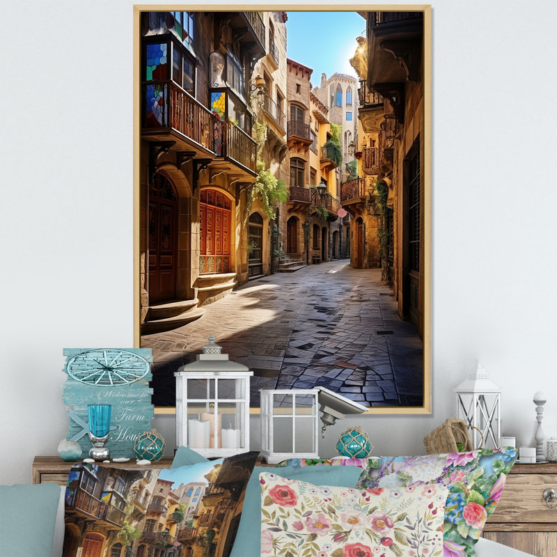 Espagne, quartier gothique de Barcelone, art mural sur toile Cityscapes, H 32 po x l 16 po x P 1 po, Cadre naturel flottant