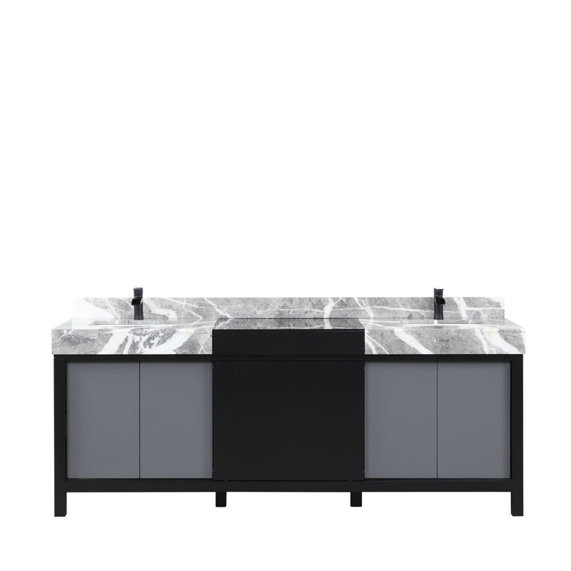 Ensemble de meuble-lavabo double avec plateau en marbre gris château et robinet noir mat