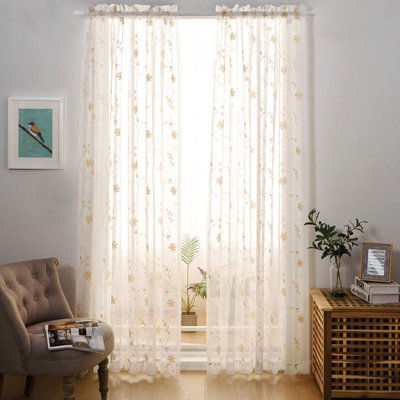 Floral Embroidery Gold Sheer Curtains 84 Inches Long, Rod Pocket Sheer Drapes, Bedroom, 2 Panels, 52"X84", Semi Crinkle Voile Window Treatments